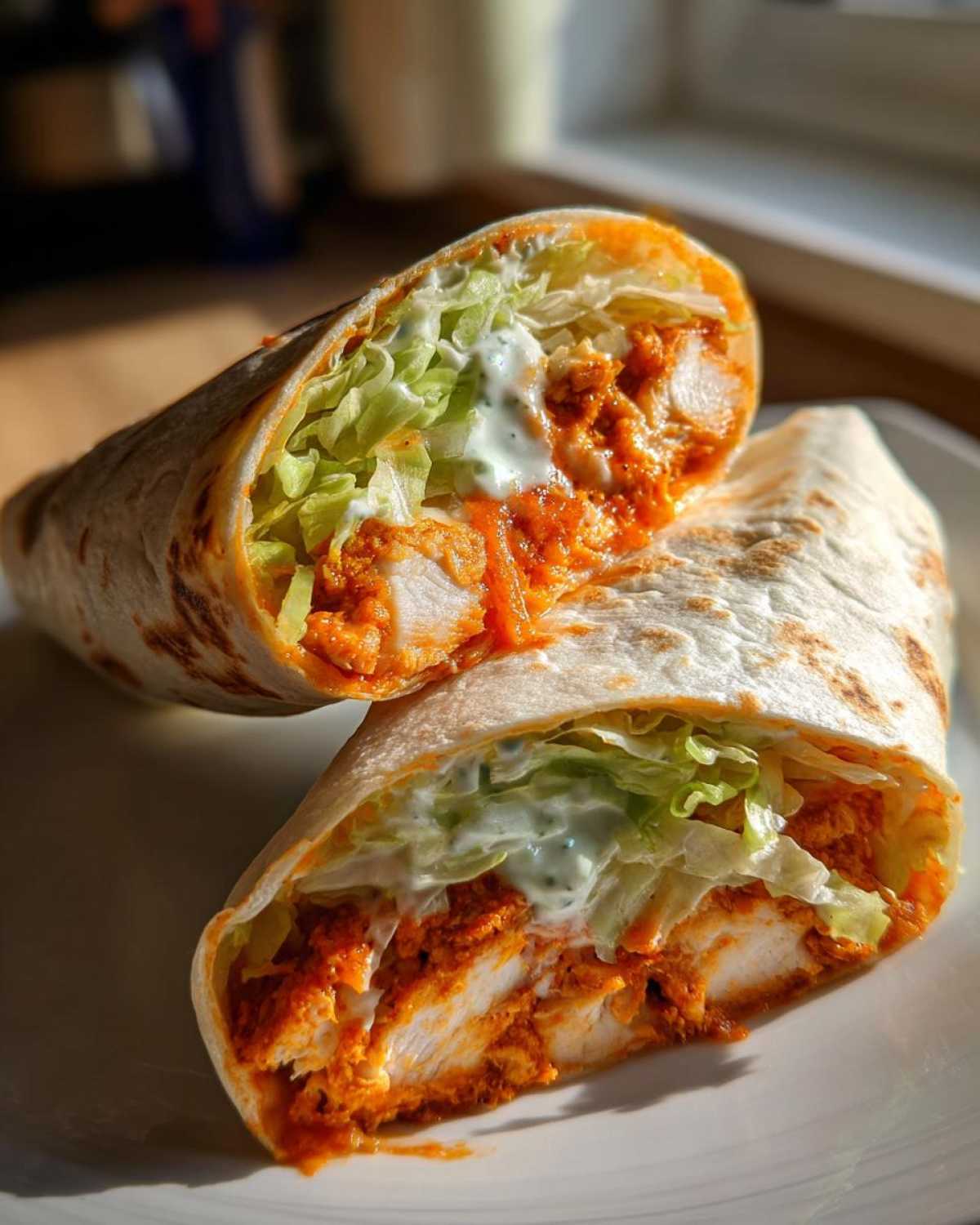 Close-up of a crispy buffalo chicken wrap cut in half, showing spicy chicken, lettuce, and ranch dressing.