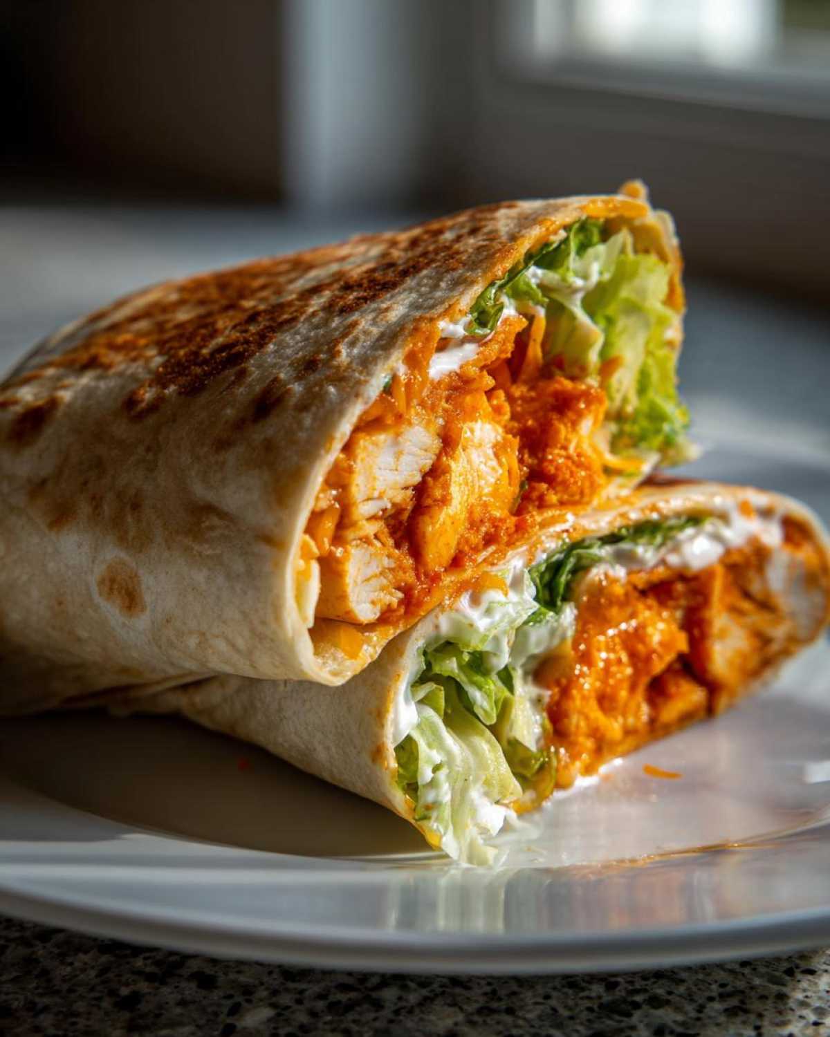 Close-up of a buffalo chicken wrap cut in half, showing spicy chicken, lettuce, and ranch dressing.