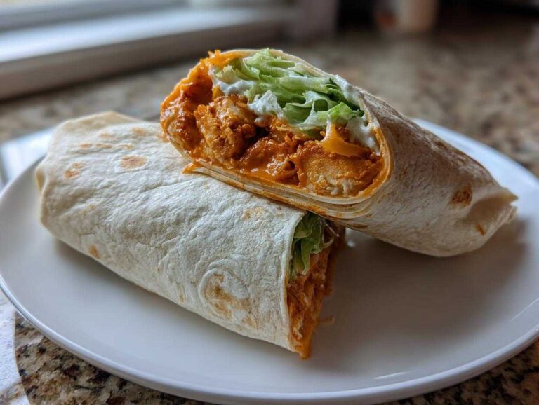 A crispy buffalo chicken wrap cut in half, showing spicy chicken, lettuce, and ranch dressing inside a flour tortilla.