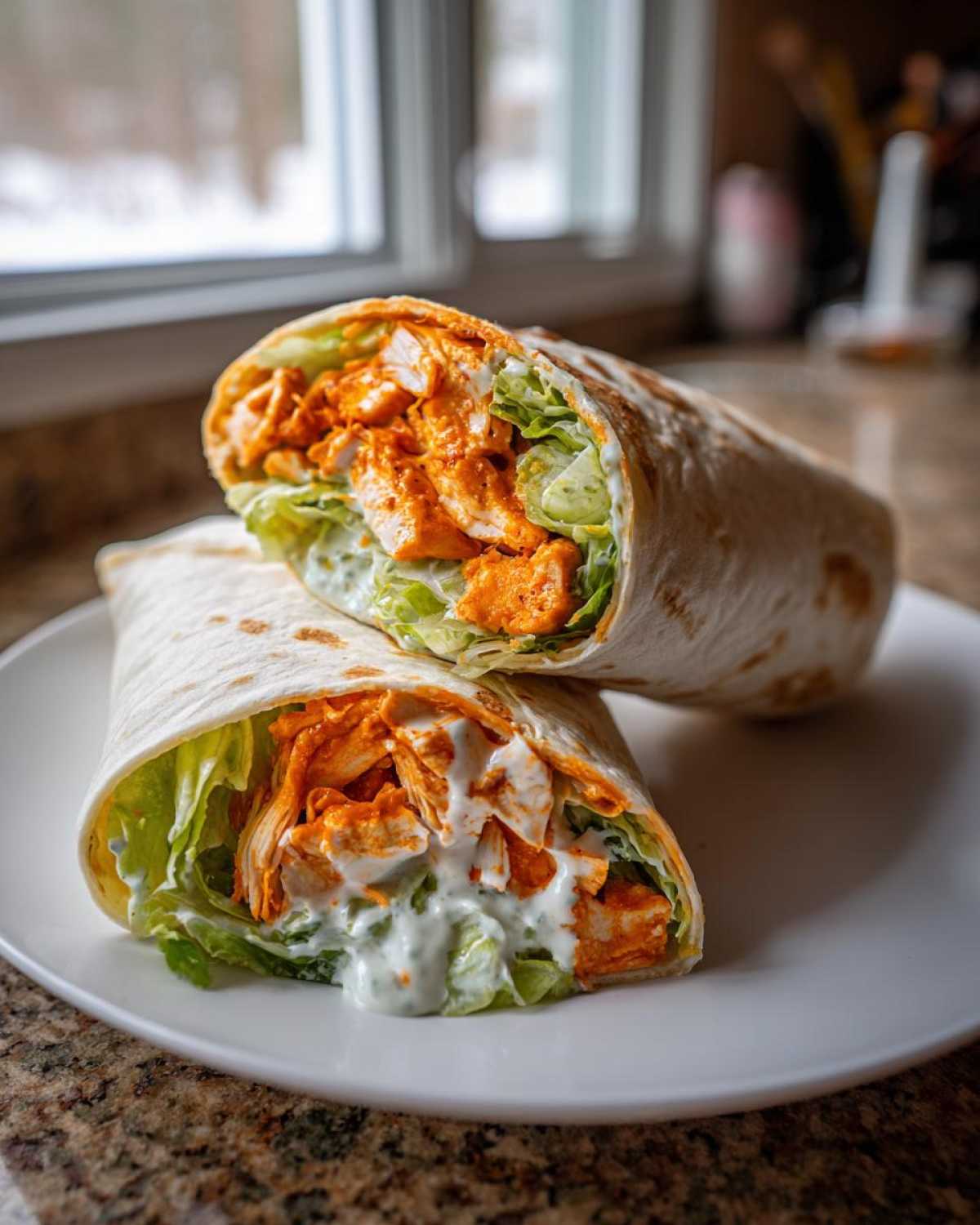 Two halves of a crispy buffalo chicken wrap, showing spicy chicken, lettuce, and creamy dressing, resting on a white plate.