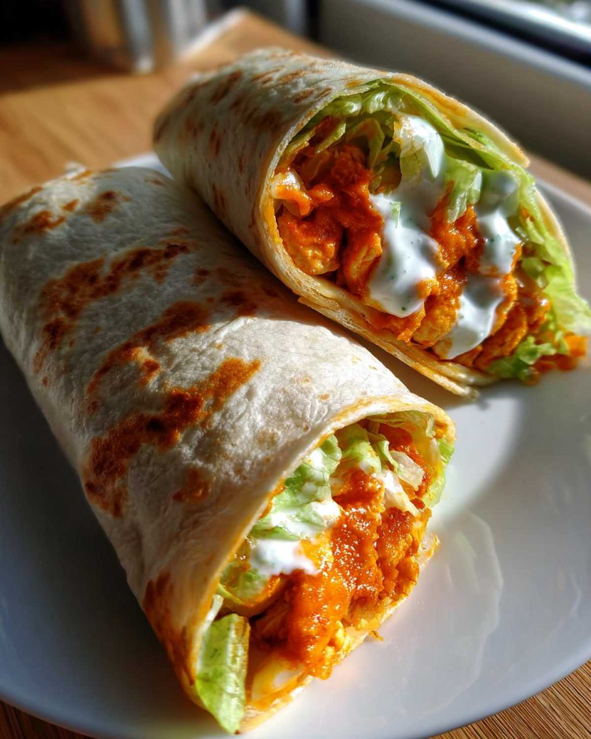 Two halves of a crispy buffalo chicken wrap filled with orange sauce, lettuce, and white ranch dressing.