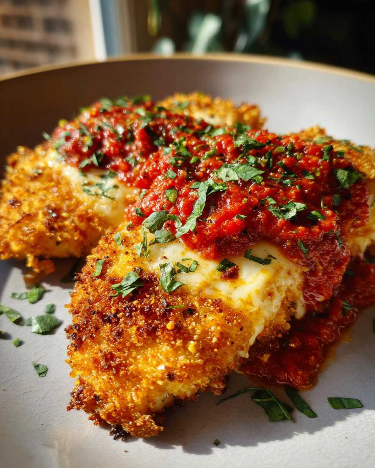 Close-up of two golden, crispy chicken parmesan pieces topped with melted mozzarella and rich tomato sauce.