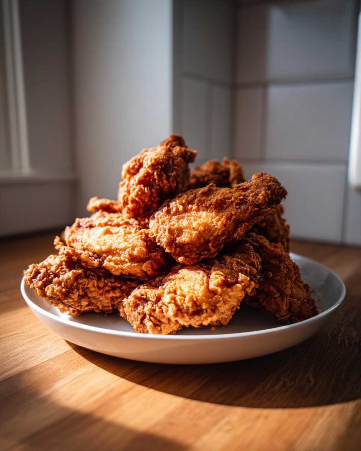 A mound of golden brown, crispy fried chicken wings piled high on a white plate.