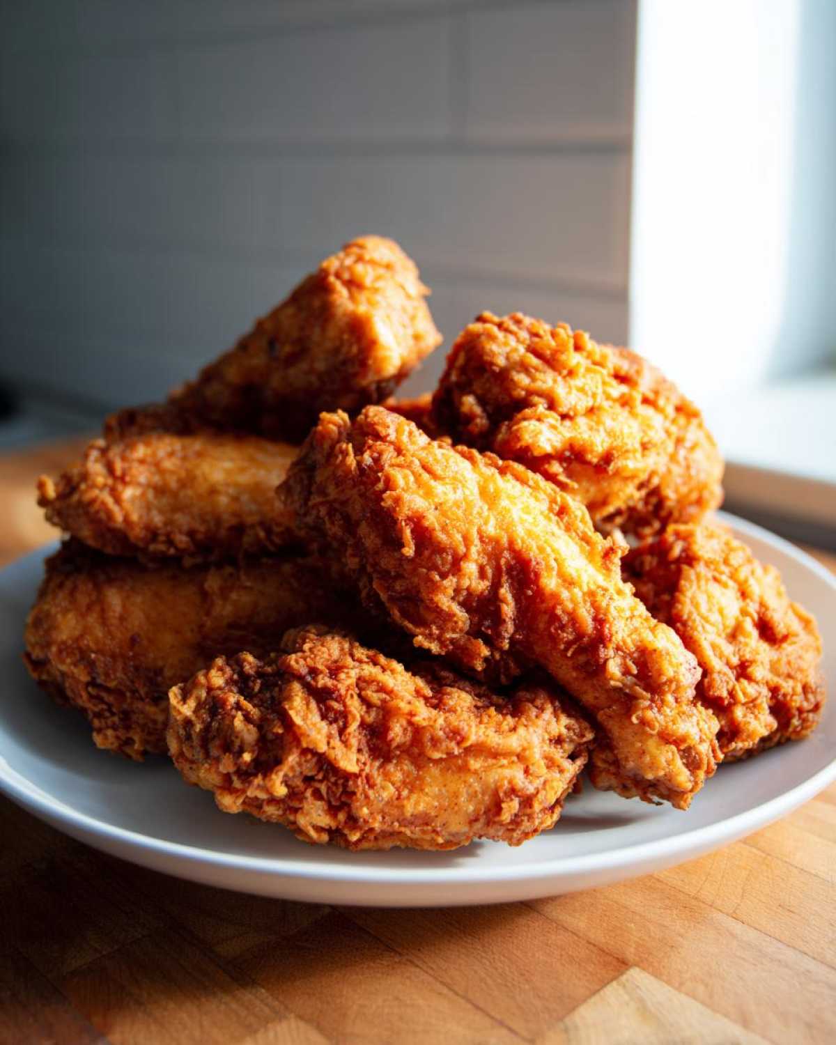 A close-up of a stack of golden brown, crispy fried chicken wings piled high on a white plate.
