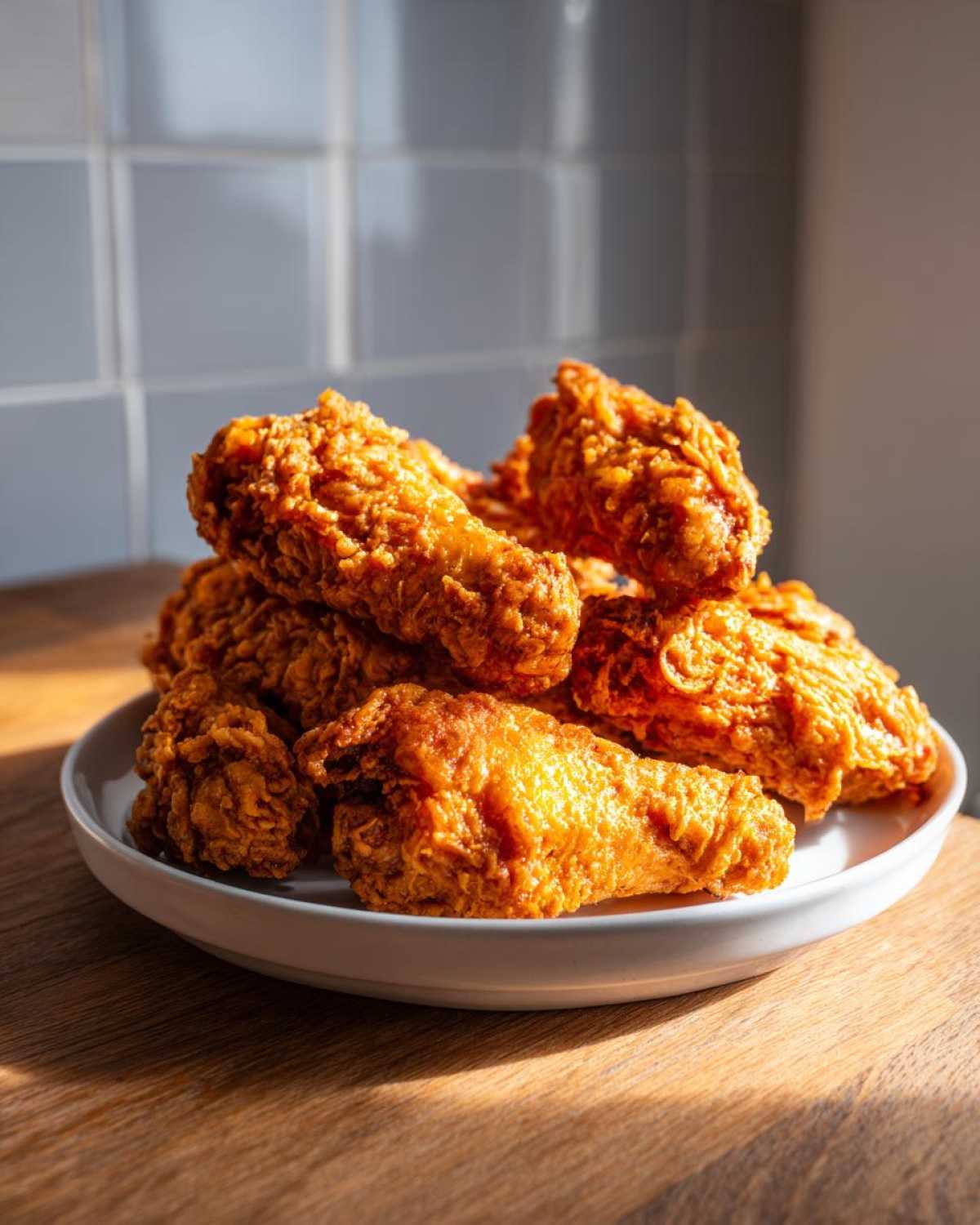 A close-up, sunlit stack of golden brown, crispy fried chicken wings served on a white plate.