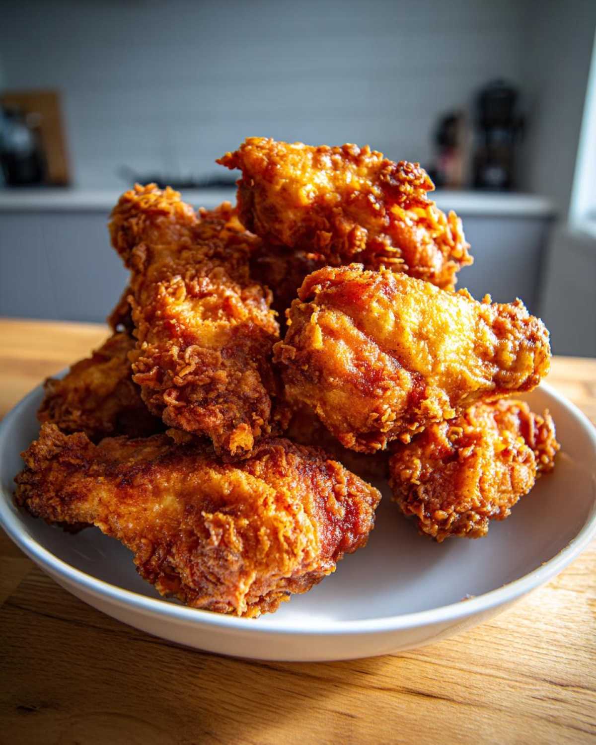 A close-up stack of perfectly golden and crispy fried chicken wings piled high in a white bowl.