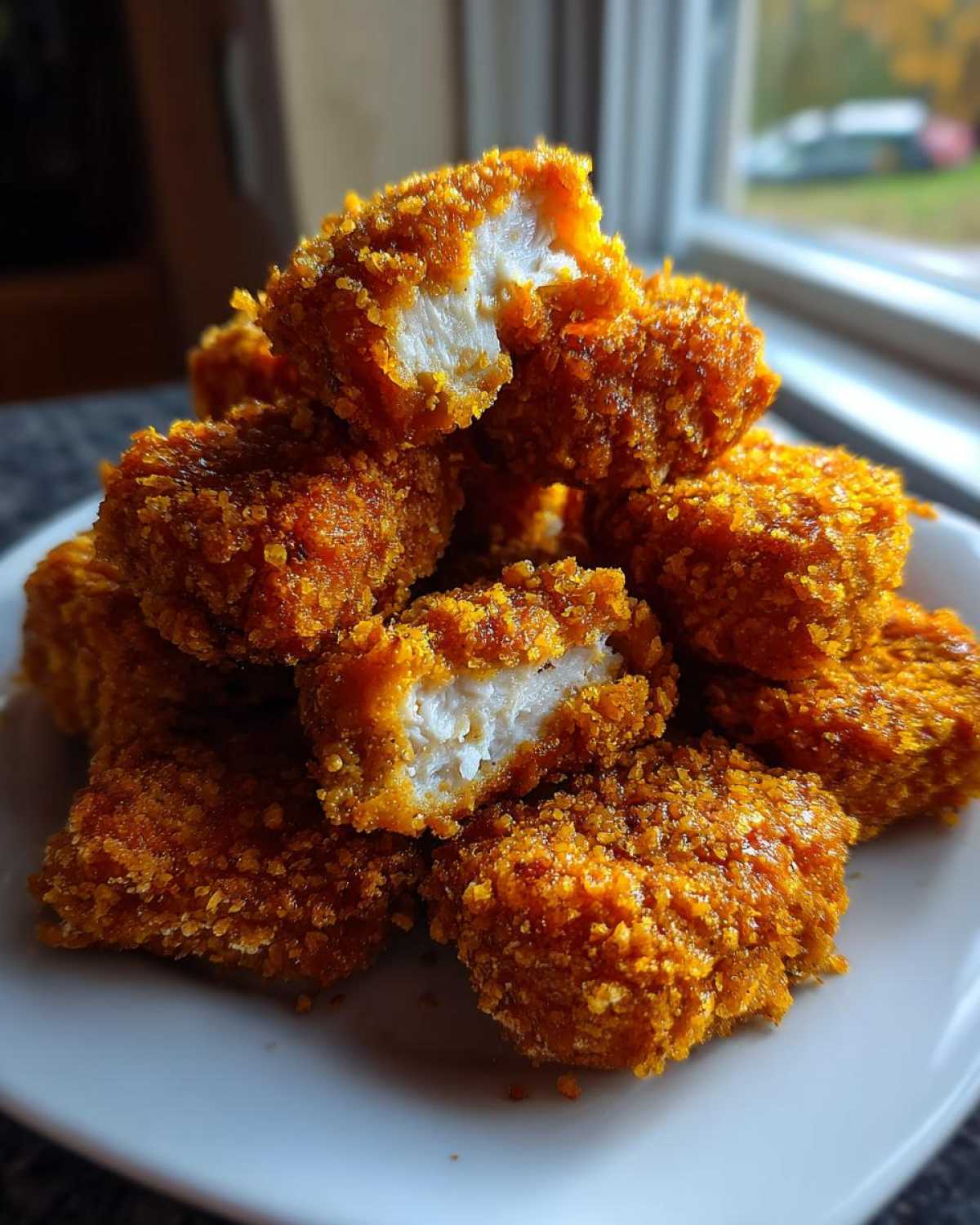 A pile of golden brown, crispy homemade chicken nuggets on a white plate, one broken open showing the white chicken interior.