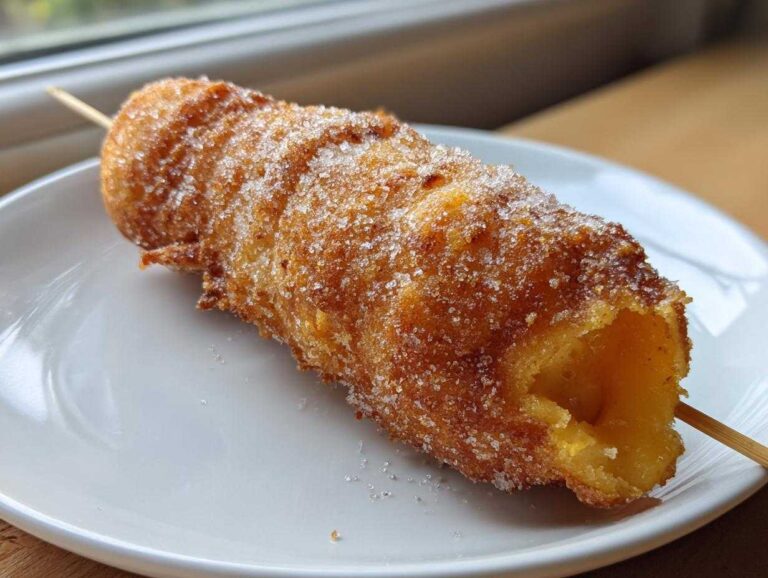 A close-up of a freshly fried korean corn dog on a stick, heavily coated in granulated sugar.
