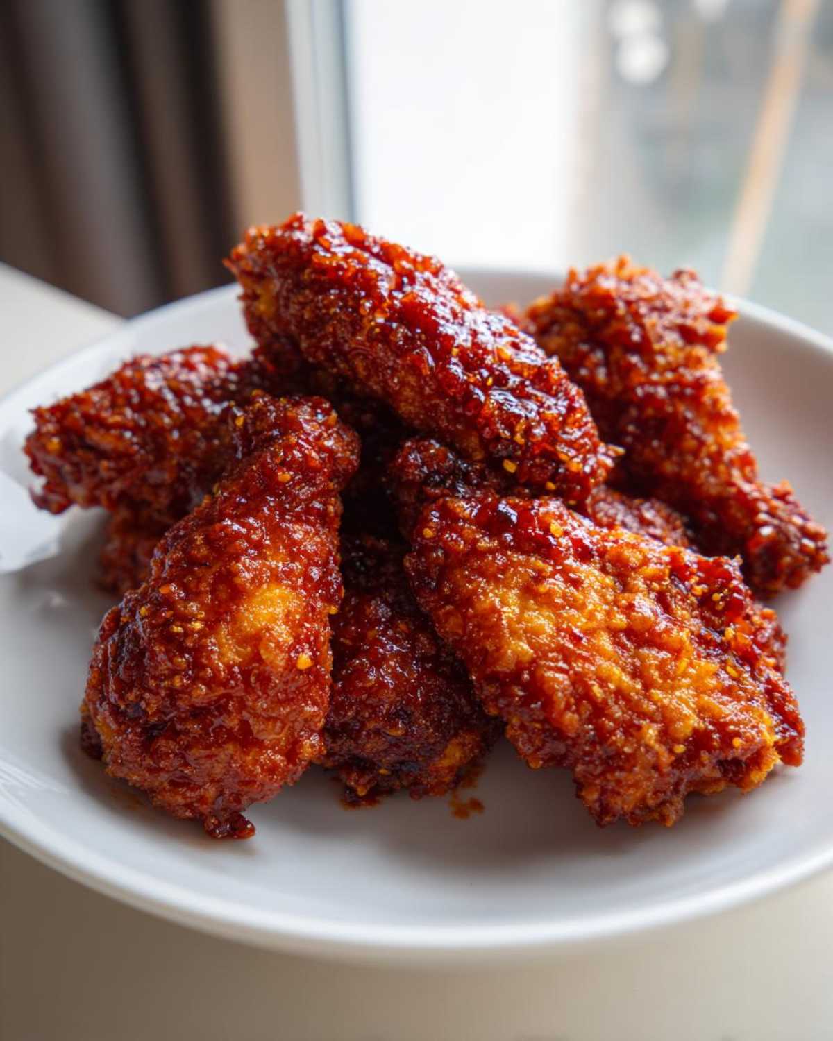 Close-up of several pieces of crispy Korean fried chicken coated in a thick, glossy, dark red spicy glaze.
