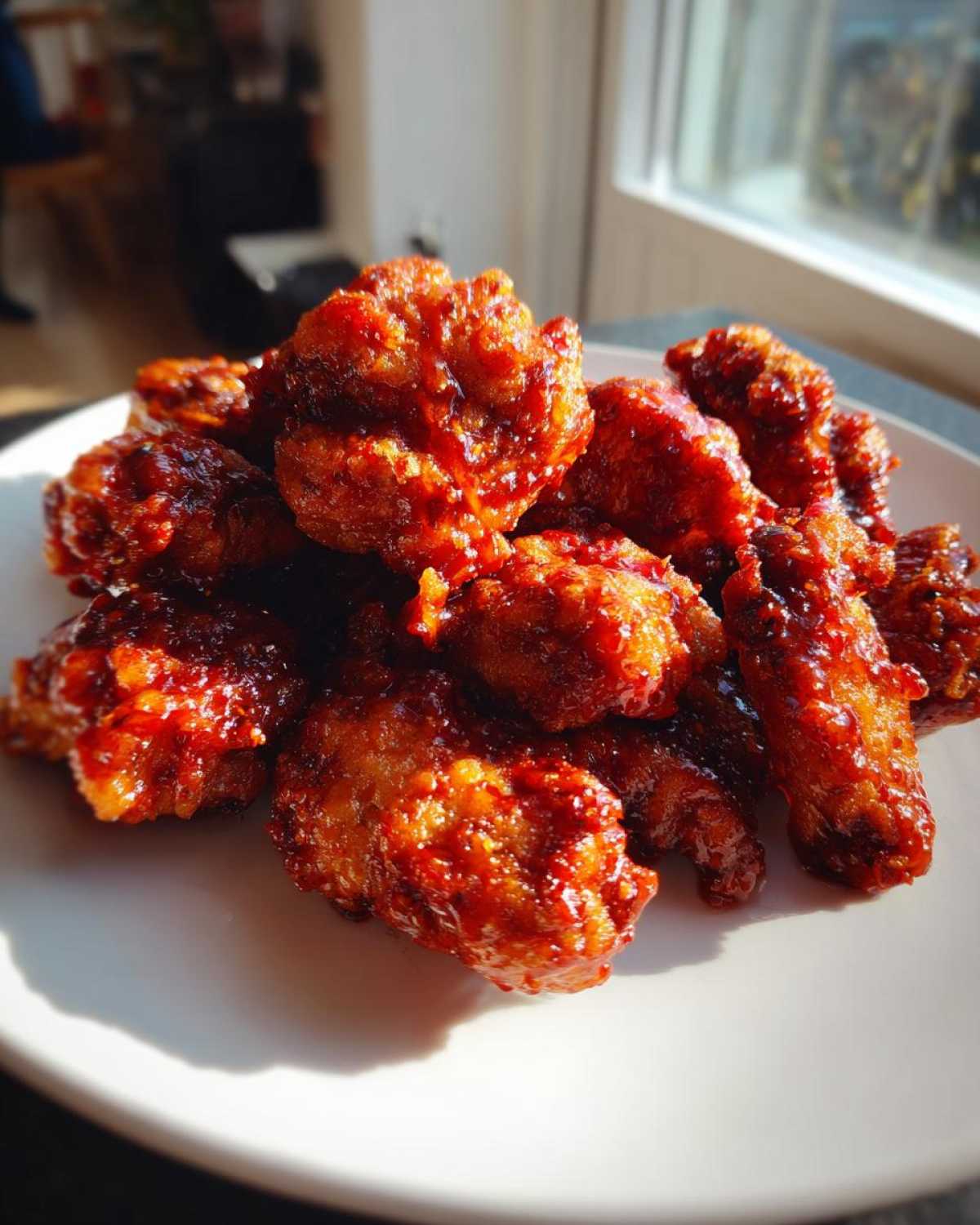 A pile of glossy, deep-red glazed korean fried chicken pieces served on a white plate.