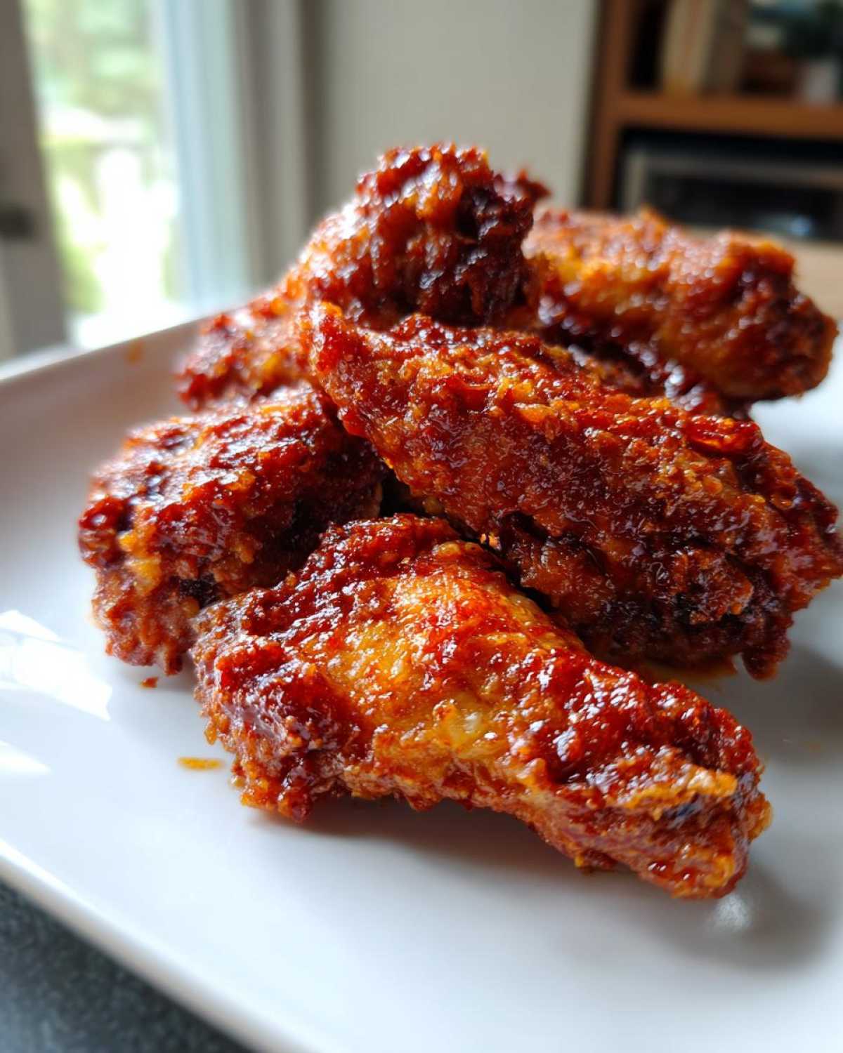 Close-up of several glossy, deep-red Korean fried chicken wings piled on a white plate.
