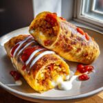 Two crispy, fried wraps, resembling potato tacos filling, oozing melted cheese and topped with sour cream and hot sauce.