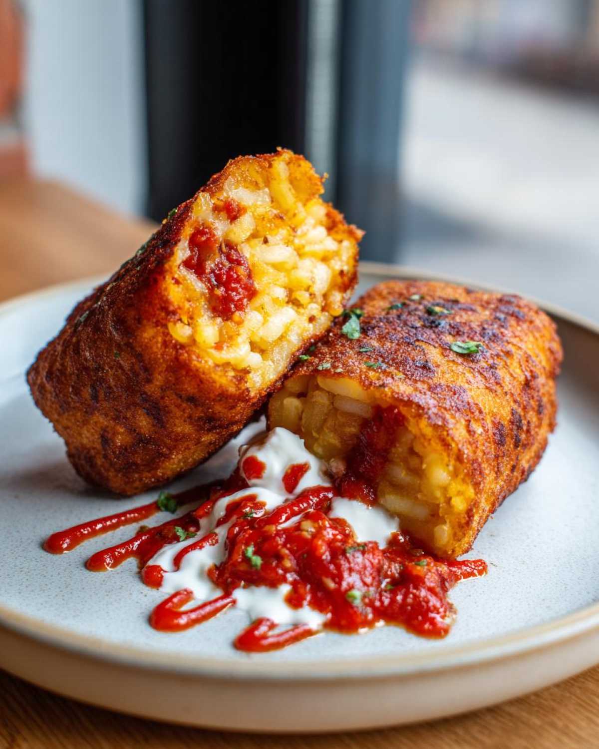 Cross-section of a crispy, deep-fried potato tacos showing the mashed potato filling and red pepper pieces, served with sour cream and salsa.