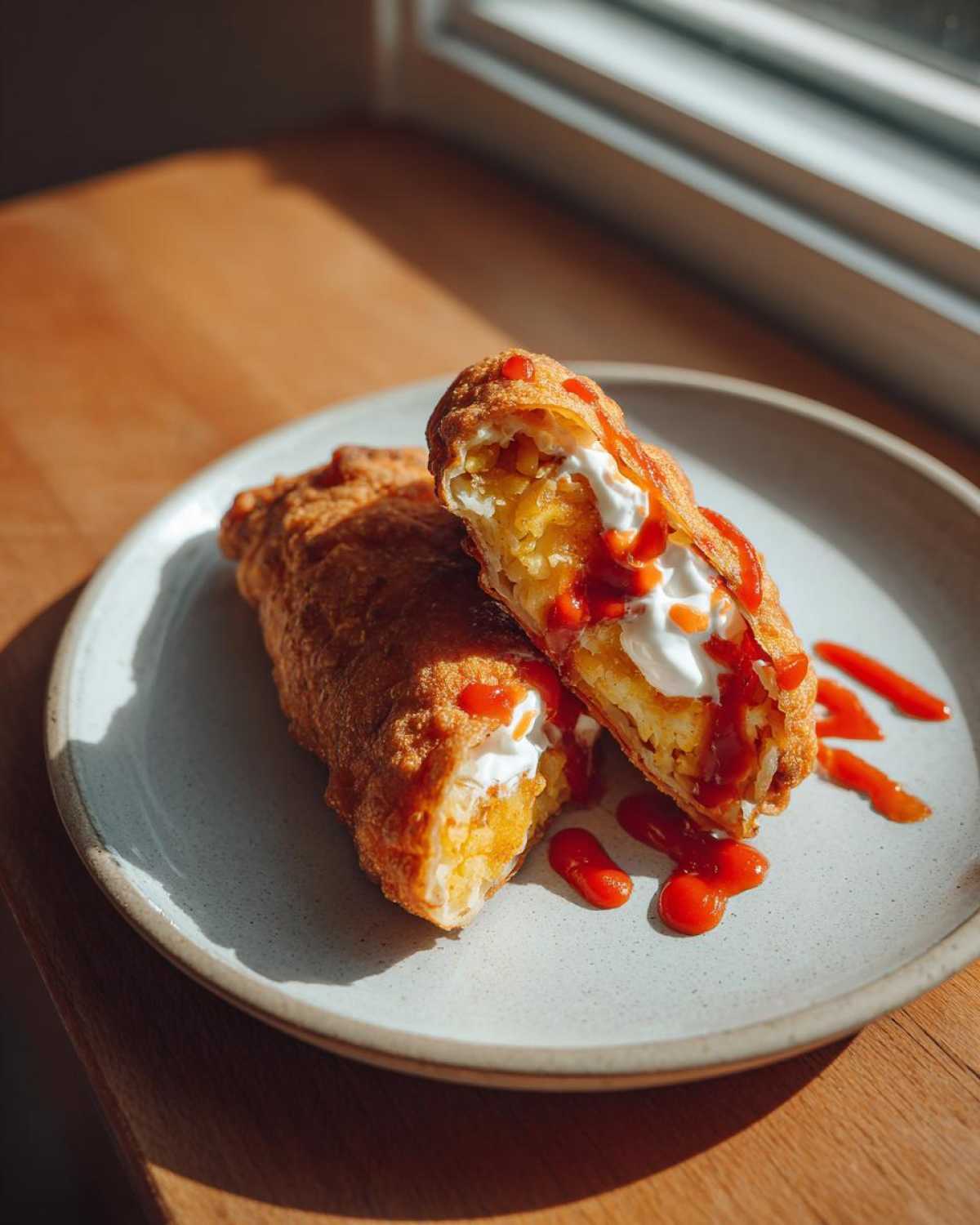 Cross-section of a crispy fried potato tacos showing mashed potato filling, sour cream, and drizzled hot sauce.