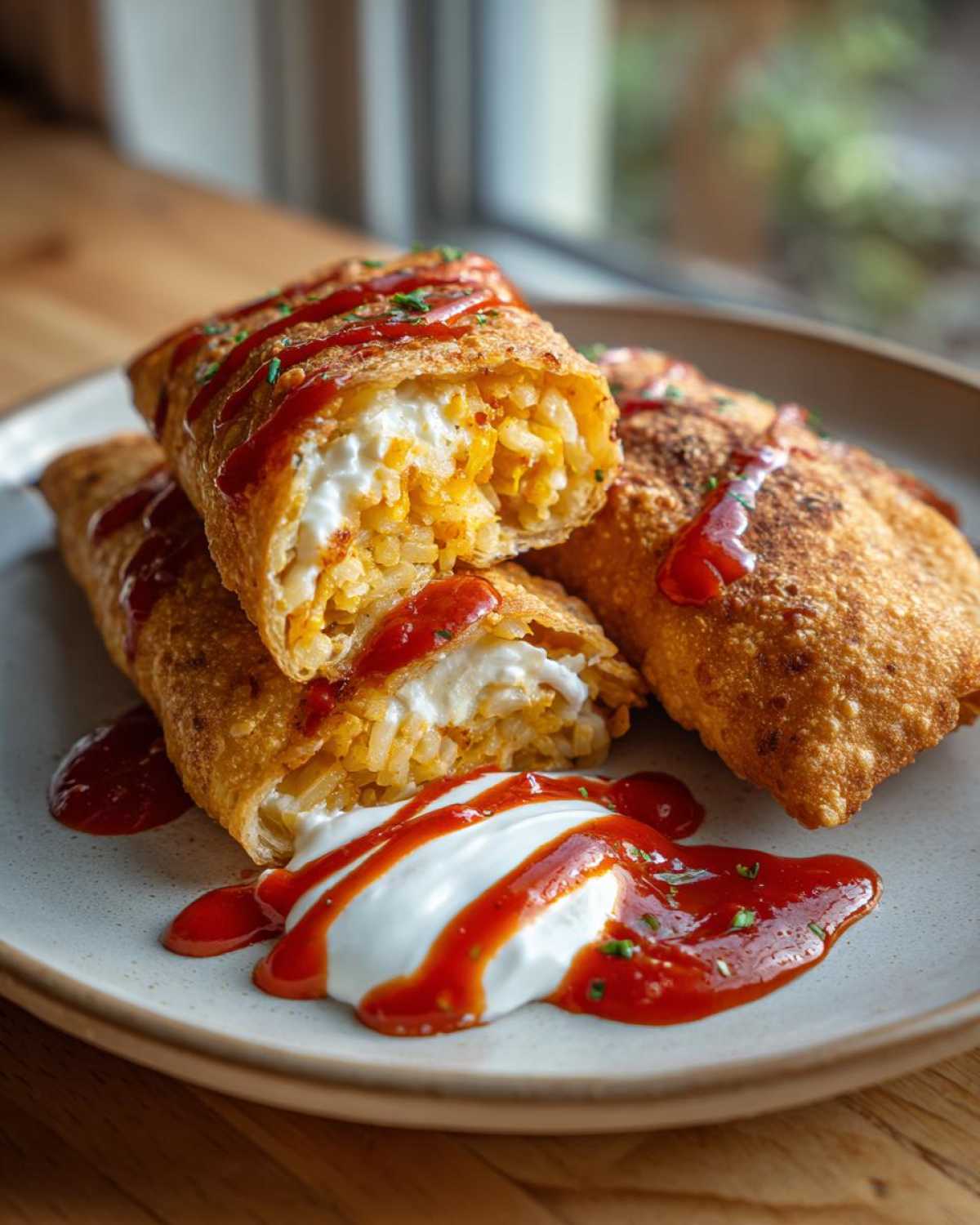 Close-up of crispy fried potato tacos cut open, showing a cheesy rice filling, drizzled with hot sauce and served with sour cream.