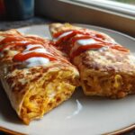 Two crispy, grilled potato tacos filled with shredded seasoned potatoes, topped with sour cream and sriracha sauce.