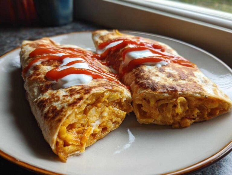 Two crispy, grilled potato tacos filled with shredded seasoned potatoes, topped with sour cream and sriracha sauce.