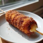 A close-up of a crispy, sugar-coated korean corn dog showing melted cheese stretching out from the end.
