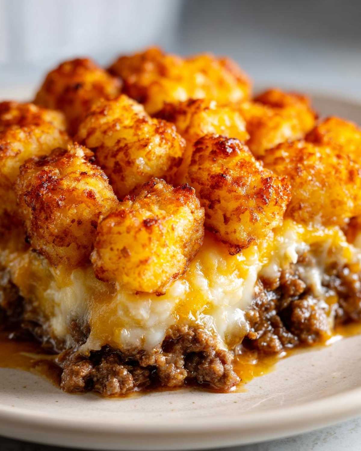 A close-up cross-section of tater tot casserole showing crispy tots, melted cheese, and seasoned ground beef.