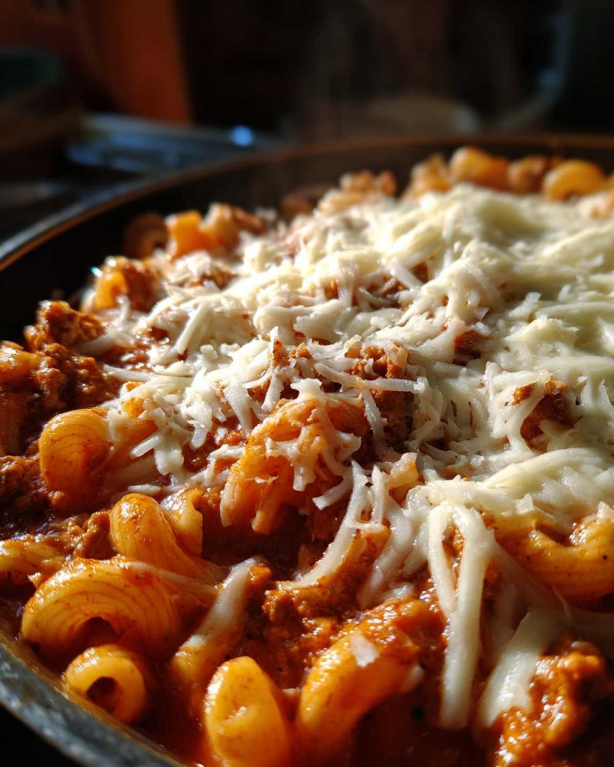 Close-up of steaming crockpot lasagna soup with pasta, meat sauce, and melted shredded mozzarella cheese.