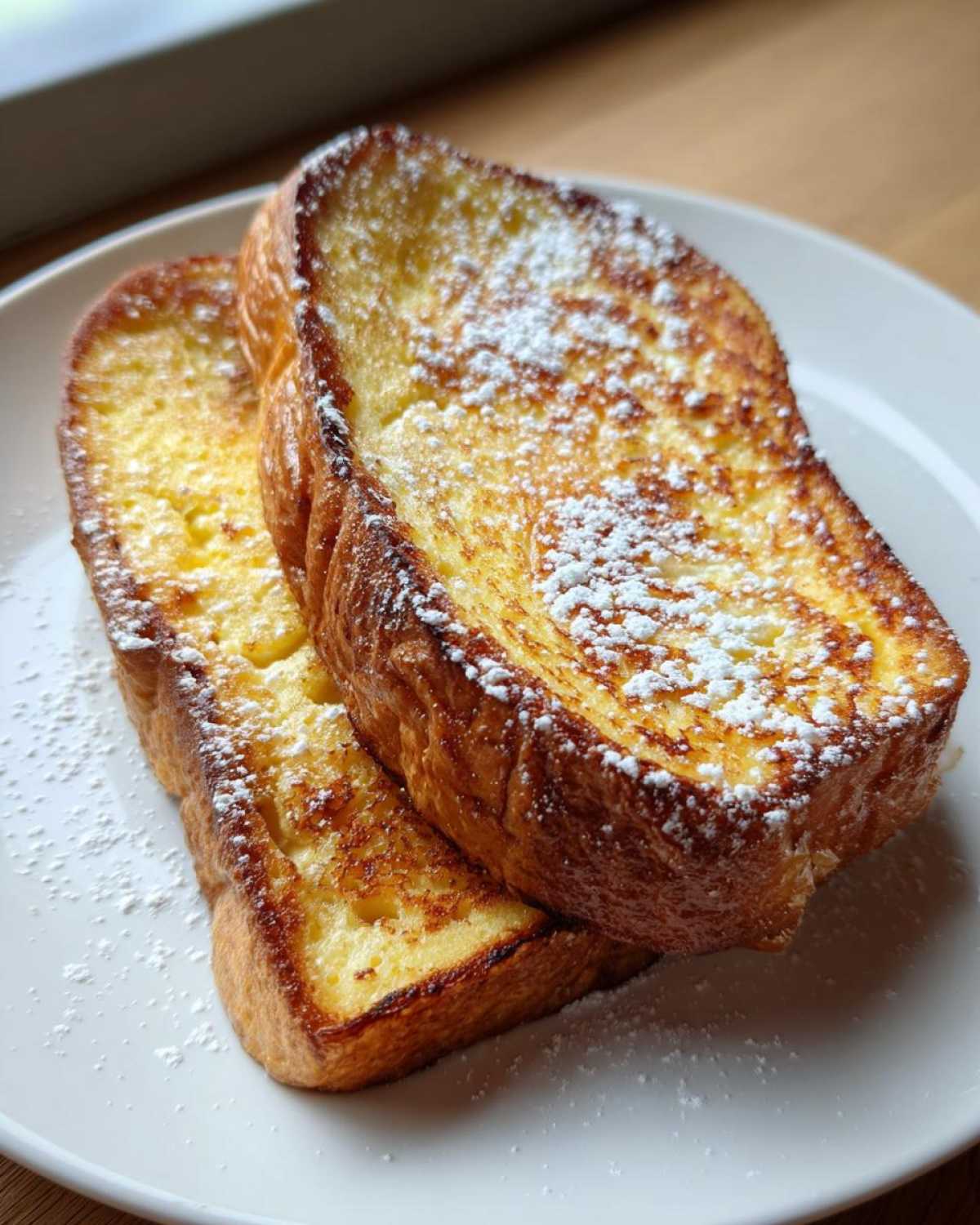 Two slices of golden brown easy french toast dusted with powdered sugar on a white plate.