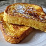 Two thick slices of golden brown easy french toast dusted lightly with powdered sugar on a white plate.