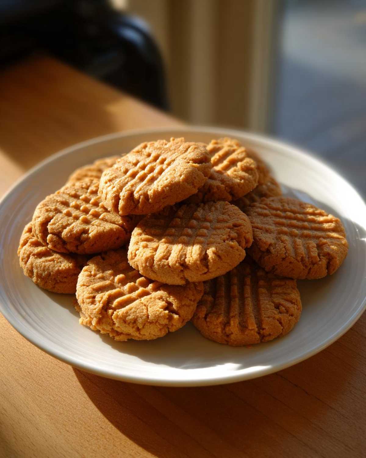 A stack of freshly baked Easy Peanut Butter Cookies with classic fork marks piled on a white plate.