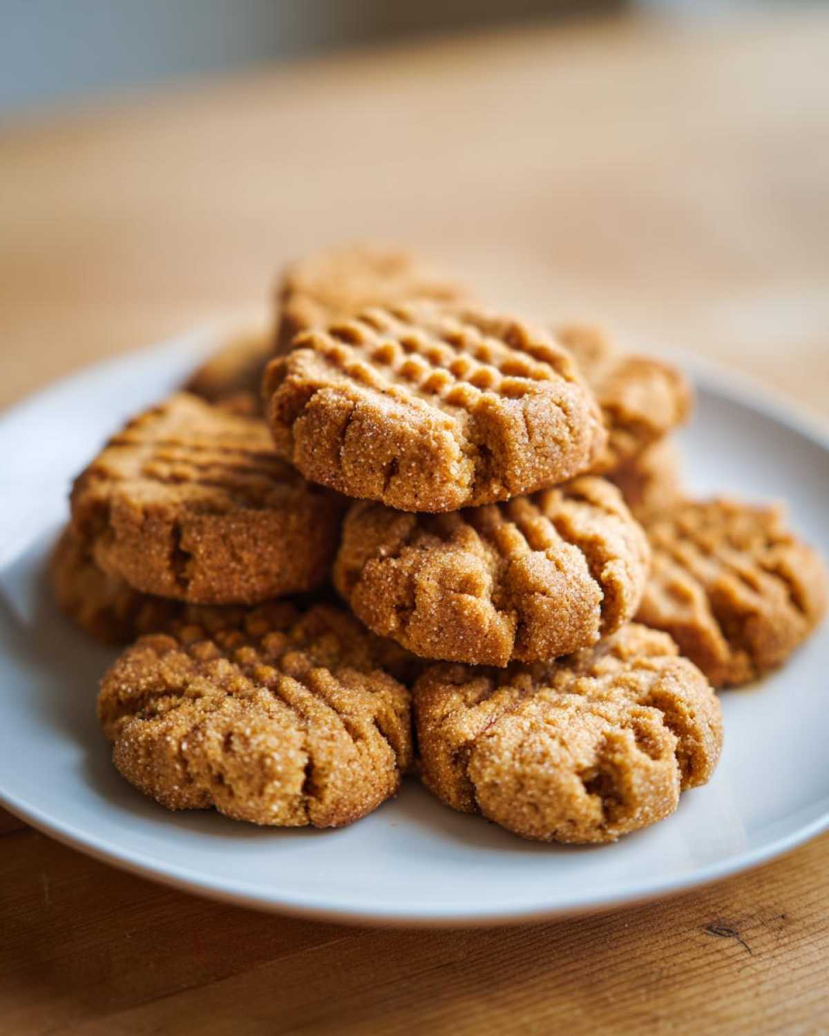 A close-up stack of freshly baked Easy Peanut Butter Cookies showing the classic crisscross fork pattern.