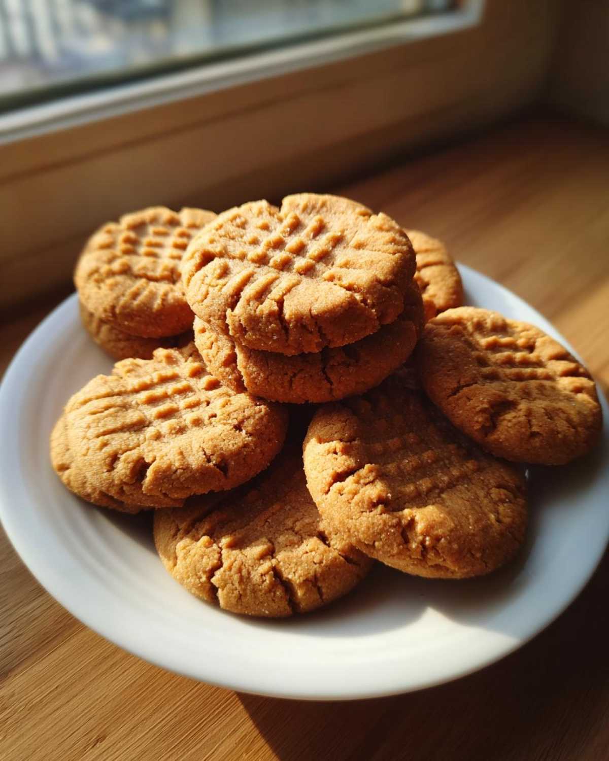 A stack of golden brown Easy Peanut Butter Cookies with classic crisscross fork marks, served on a white plate near a sunny window.