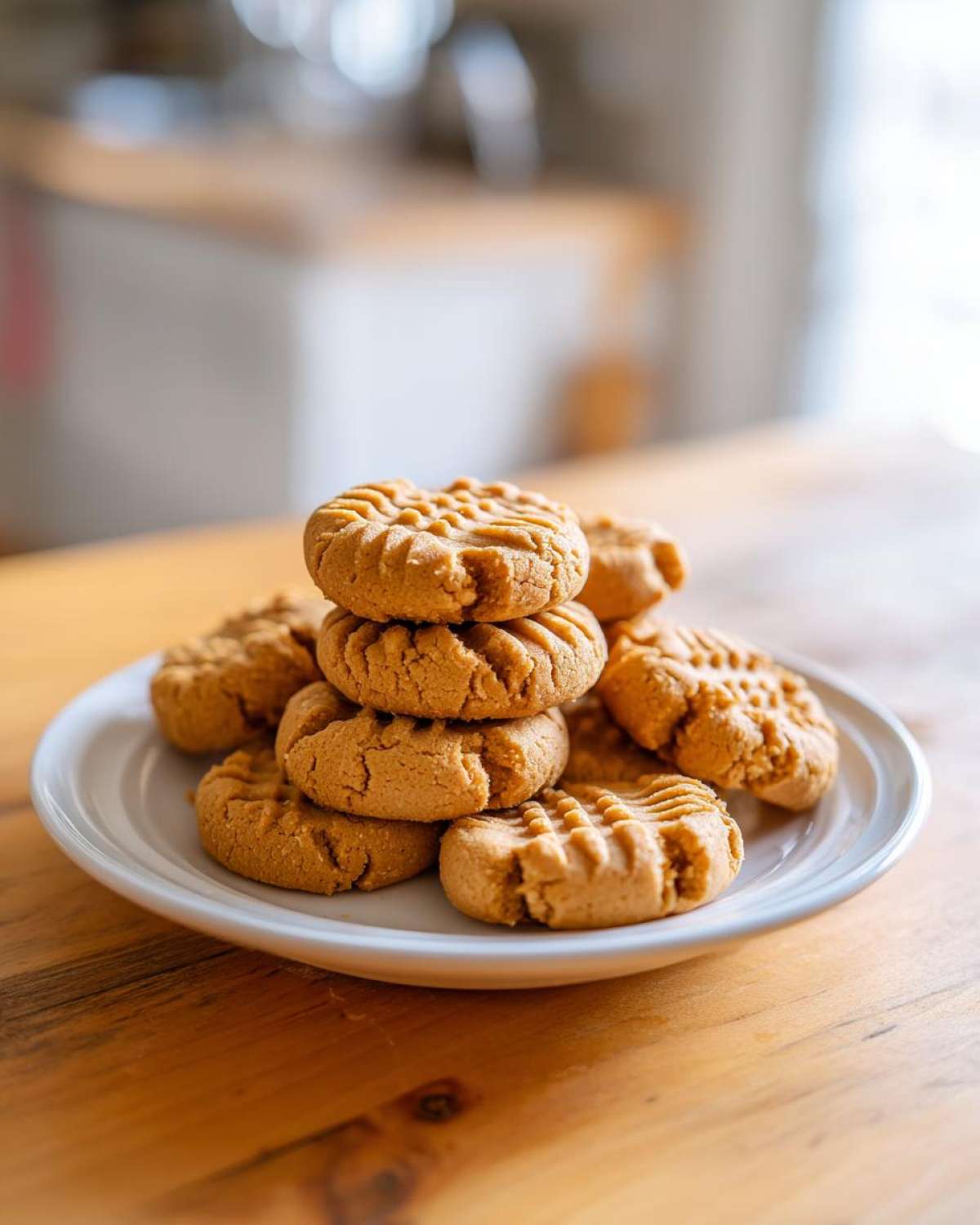 A stack of freshly baked Easy Peanut Butter Cookies with classic fork crosshatch marks on a white plate.