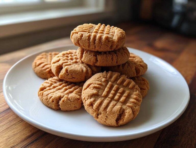 A stack of freshly baked Easy Peanut Butter Cookies with classic fork marks resting on a white plate.