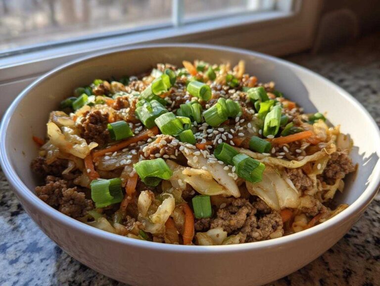 A close-up of a white bowl filled with Egg Roll in a Bowl, topped with sesame seeds and fresh green onions.