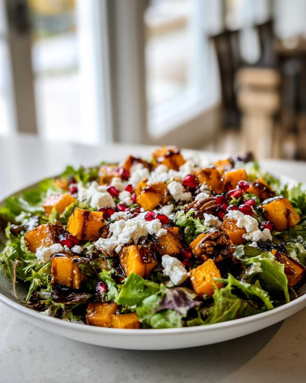 Close-up of a vibrant fall harvest salad featuring roasted butternut squash, feta cheese, pomegranate seeds, and pecans over mixed greens.