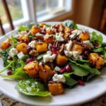 Close-up of a vibrant fall harvest salad featuring roasted squash, goat cheese, pecans, and pomegranate seeds on spinach.