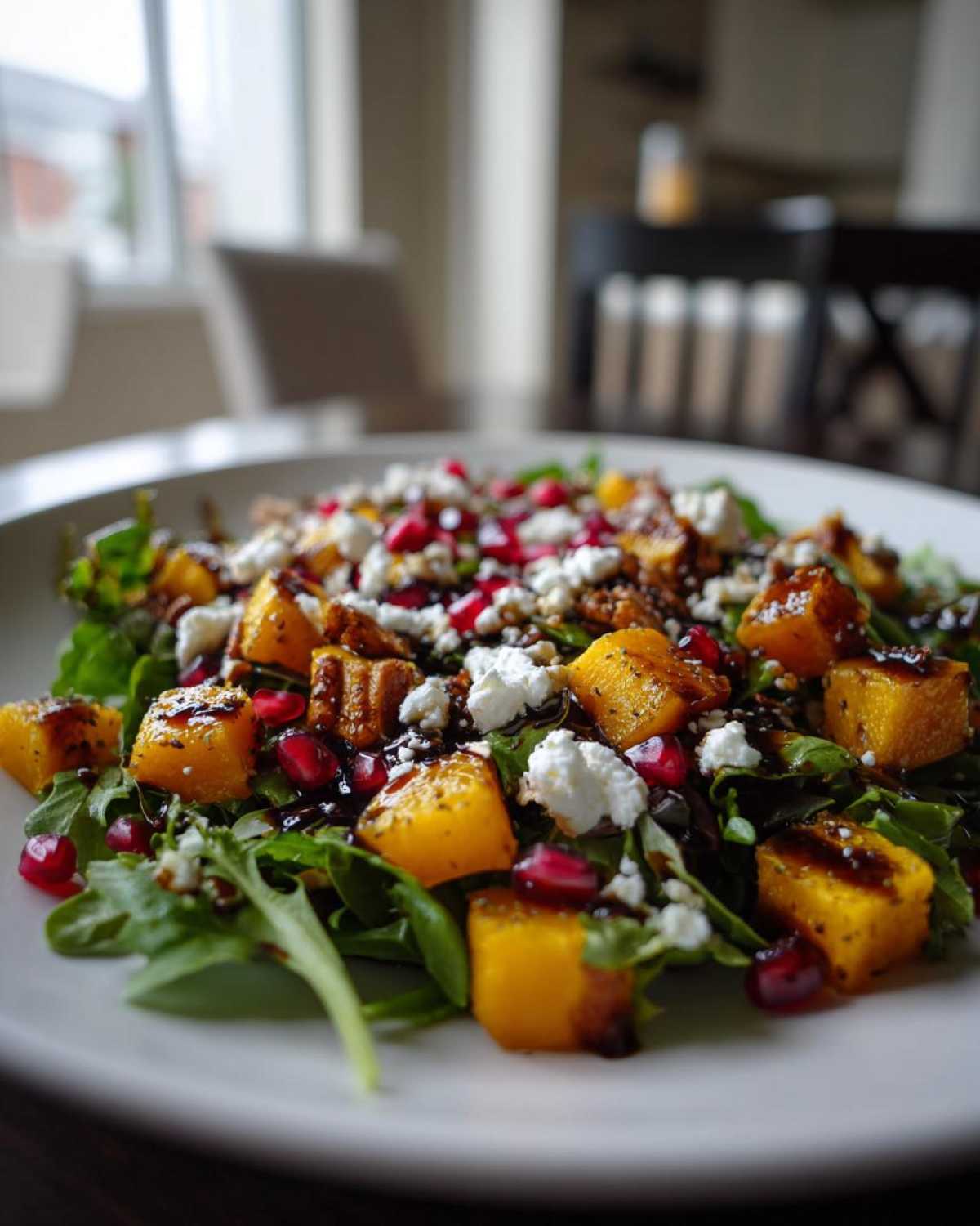 Close-up of a vibrant fall harvest salad featuring roasted squash cubes, feta cheese, and pomegranate seeds on arugula.