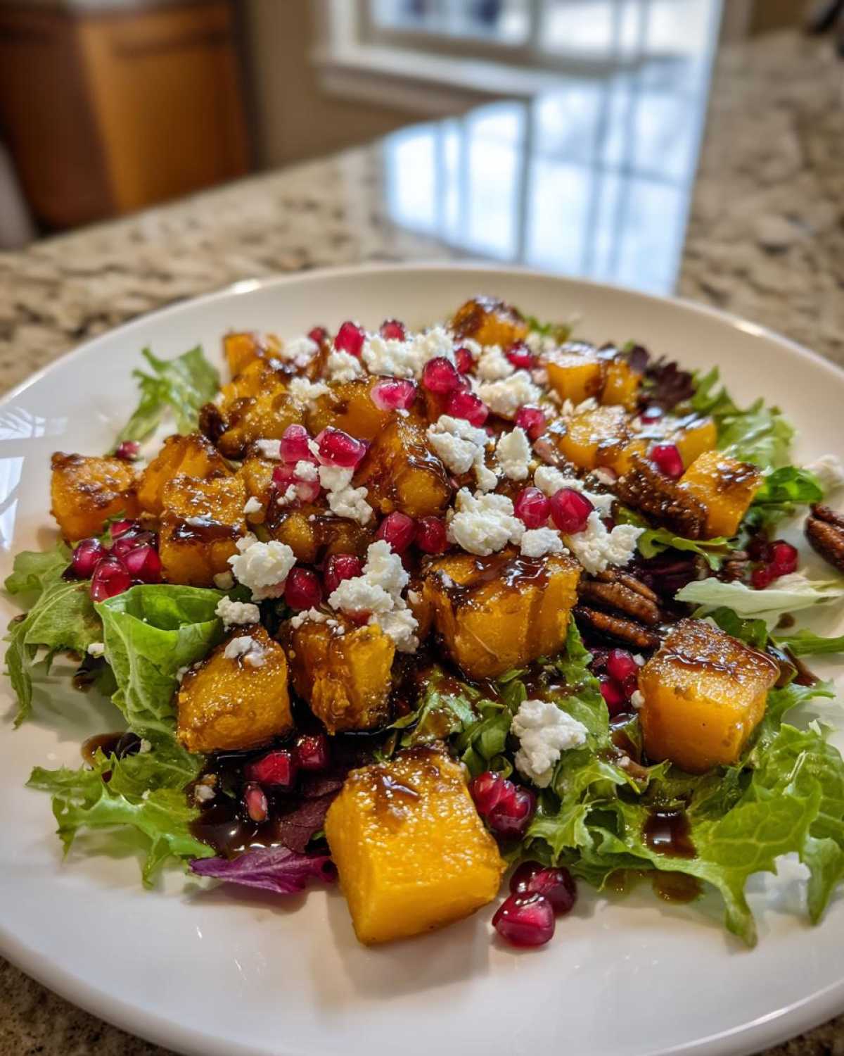 Close-up of a vibrant fall harvest salad featuring roasted squash, feta cheese, and pomegranate seeds.