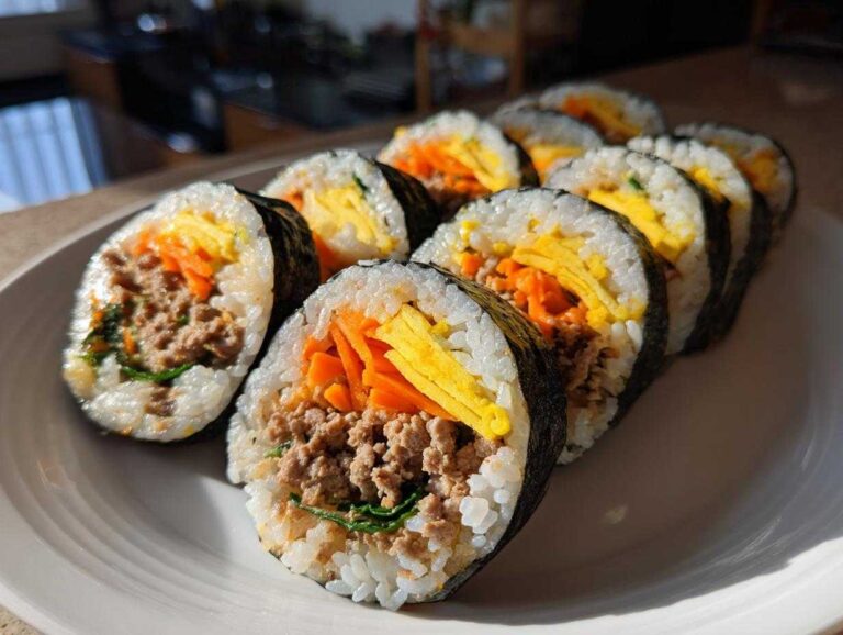 A row of freshly sliced tuna kimbap rolls showing seasoned rice, ground tuna filling, julienned carrots, and egg strips wrapped in seaweed.