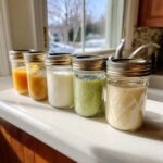 Five different colored homemade salad dressing recipes stored in small mason jars lined up on a kitchen counter.