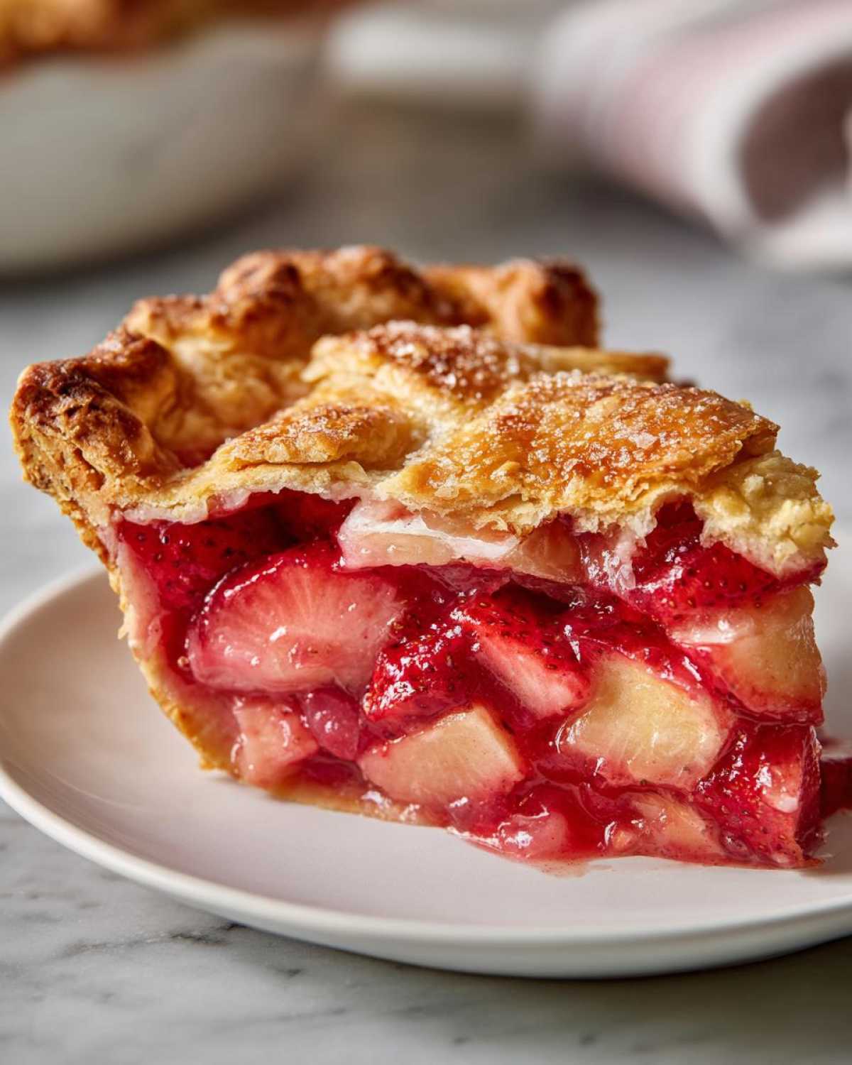 Close-up of a thick slice of strawberry rhubarb pie showing juicy filling and a flaky, sugared crust.