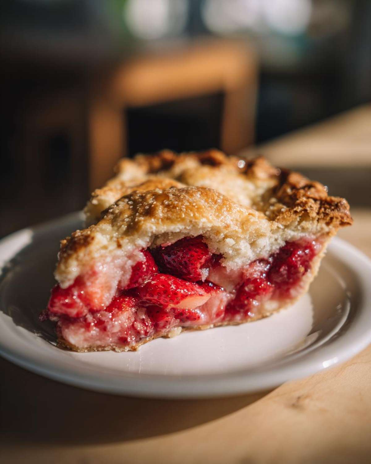 A close-up of a generous slice of strawberry rhubarb pie showing juicy filling and a golden, sugared, flaky crust.