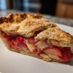 Close-up of a slice of strawberry rhubarb pie showing the flaky crust and bright red filling.