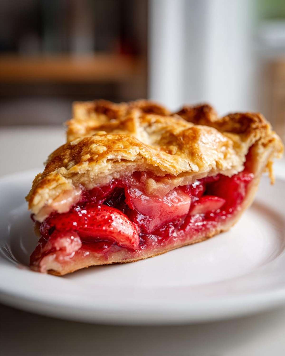 Close-up of a slice of strawberry rhubarb pie showing juicy red filling and a flaky golden crust.
