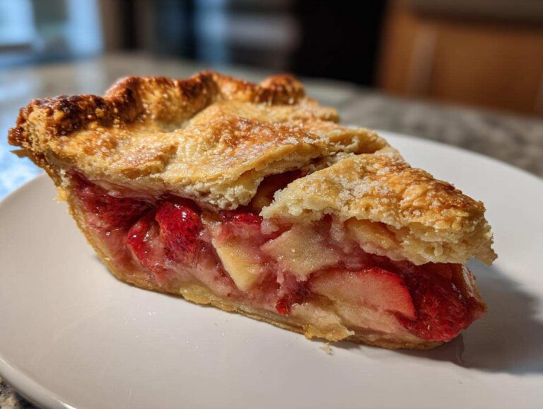 Close-up of a slice of strawberry rhubarb pie showing the flaky crust and bright red filling.