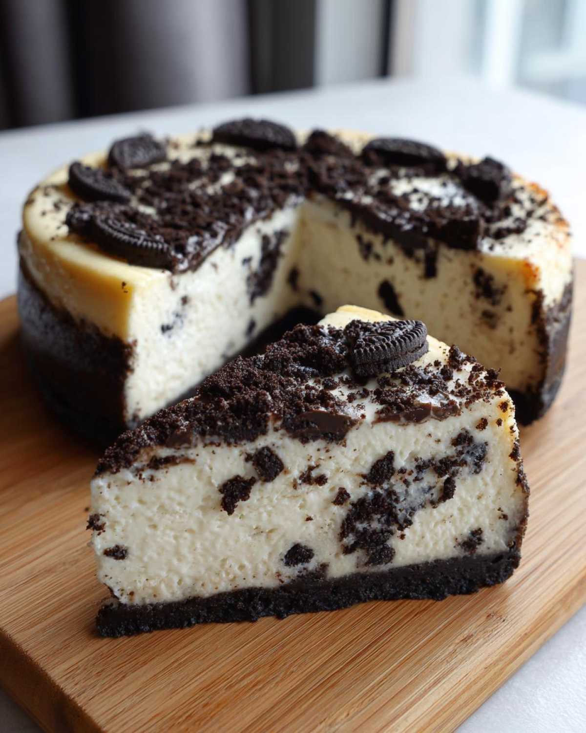 A perfect slice of creamy oreo cheesecake, studded with cookie pieces, sits next to the main cake.