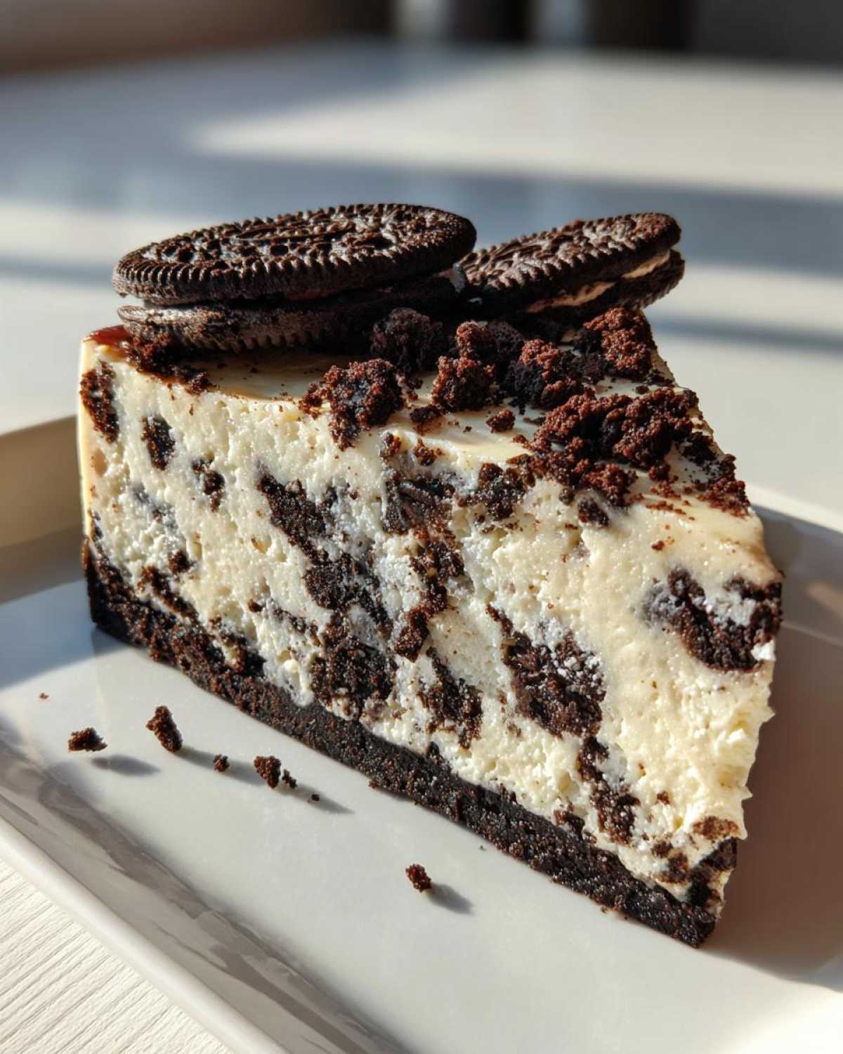 A perfect slice of creamy oreo cheesecake with a dark cookie crust, topped with cookie crumbs and whole cookies.