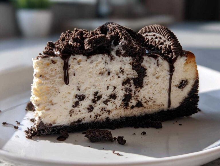 Close-up of a thick slice of creamy oreo cheesecake topped with crushed cookies and chocolate sauce.