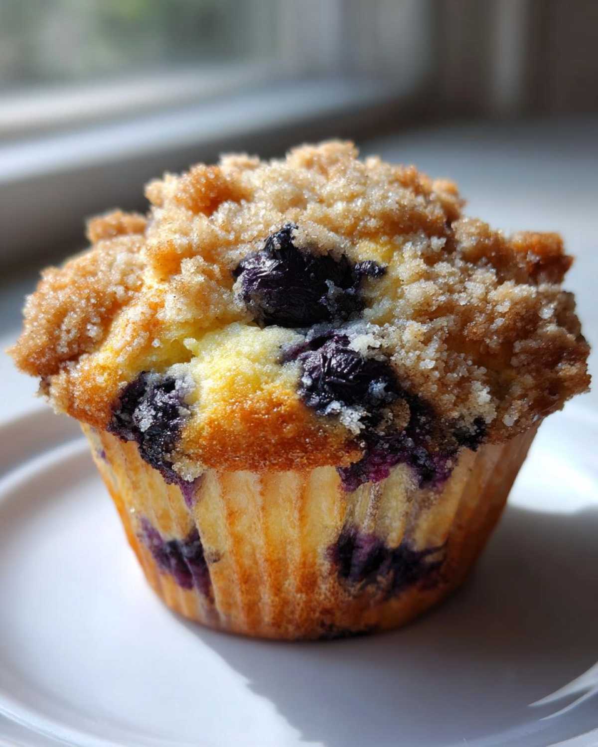 Close-up of a perfectly baked blueberry muffin featuring a golden crumb topping and visible blueberries.