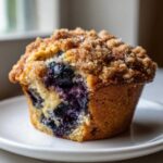 Close-up of a fluffy blueberry muffin with a generous brown sugar crumb topping sitting on a white plate.