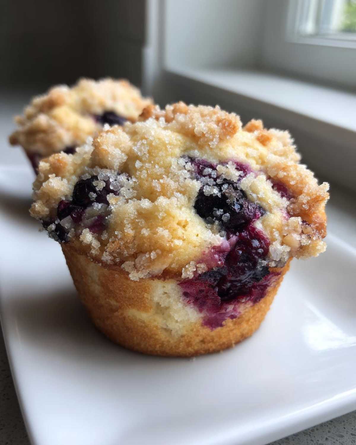 Close-up of a fluffy blueberry muffin topped with coarse sugar crumble, showing burst blueberries.