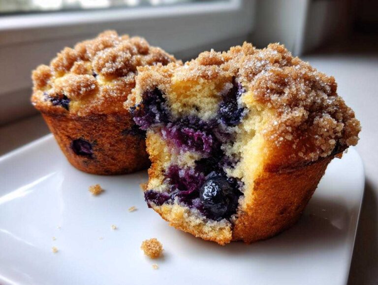 Close-up of a fluffy blueberry muffin cut in half, showing juicy blueberries and a sugary crumb topping.